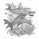 A dotwork design featuring a tribal shark surrounded by coral reefs and sea creatures tattoo design idea