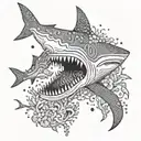 A dotwork design featuring a tribal shark surrounded by coral reefs and sea creatures tattoo design idea