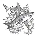 A dotwork design featuring a tribal shark surrounded by coral reefs and sea creatures tattoo design idea
