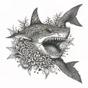 A dotwork design featuring a tribal shark surrounded by coral reefs and sea creatures tattoo design idea