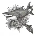 A dotwork design featuring a tribal shark surrounded by coral reefs and sea creatures tattoo design idea