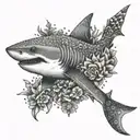 A dotwork design featuring a tribal shark surrounded by coral reefs and sea creatures tattoo design idea