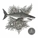 A dotwork design featuring a tribal shark surrounded by coral reefs and sea creatures tattoo design idea