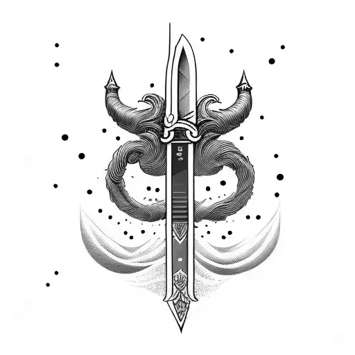 sword with words ' I am the one' written in cursive with complex hilt and point looking like waves  tattoo design idea