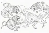 A dragon fights a lion a tiger and a fox tattoo design idea