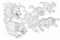 A dragon fights a lion a tiger and a fox tattoo design idea
