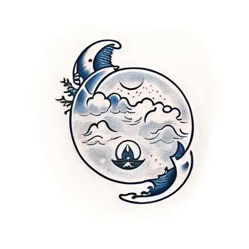 A traditional style tattoo of a sleeping moon playing a guitar tattoo design idea