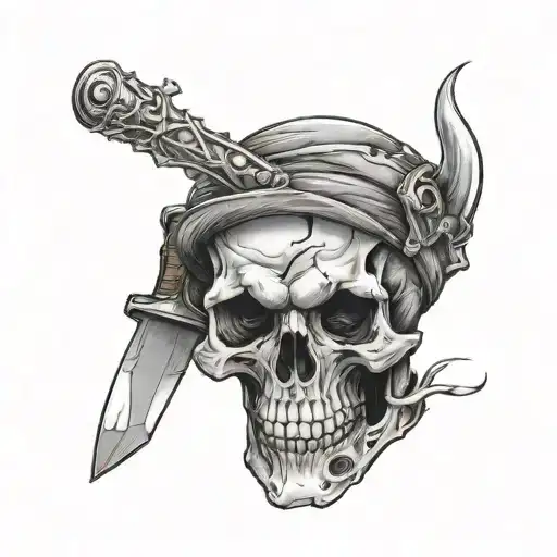 a skull with broken teeth, f4 carved into the skull, a knife and a can of mace  tattoo design idea