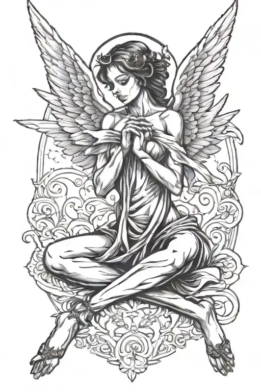 dainty angel sitting down with crossed legs, with broken fairy style wings. one arm reaching up to the sky eith hand ope tattoo design idea
