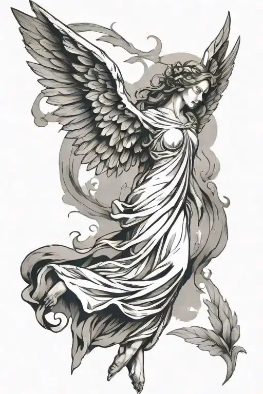 dainty angel, with broken wings. one arm reaching up to the sky tattoo design idea