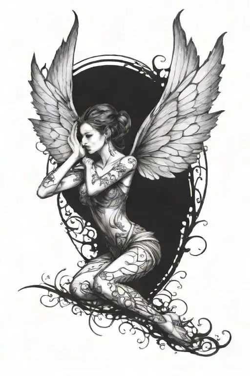 fairy with broken wings, one arm reaching up to a light  tattoo design idea