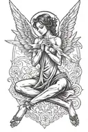 dainty angel sitting down with crossed legs, with broken fairy style wings. one arm reaching up to the sky eith hand ope tattoo design idea