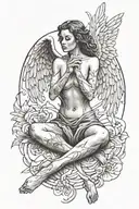 dainty angel sitting down with crossed legs, with broken fairy style wings. one arm reaching up to the sky eith hand ope tattoo design idea