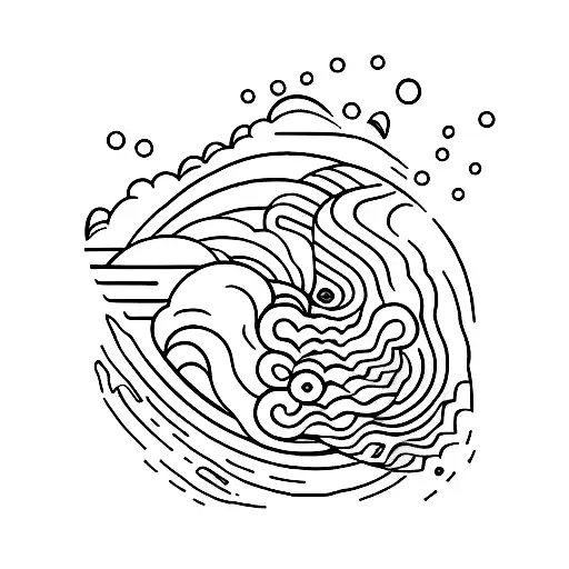 A minimalist tattoo design of a sushi roll transformed into a stylized wave crashing against a rocky shoreline tattoo design idea