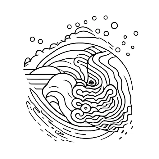 A minimalist tattoo design of a sushi roll transformed into a stylized wave crashing against a rocky shoreline tattoo design idea