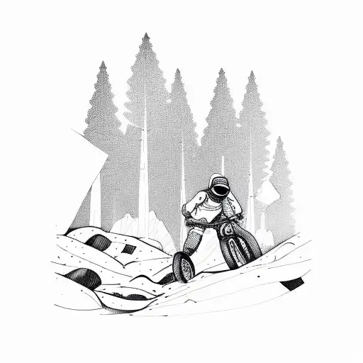 astronaut downhill mountain biking, forest,  tattoo design idea