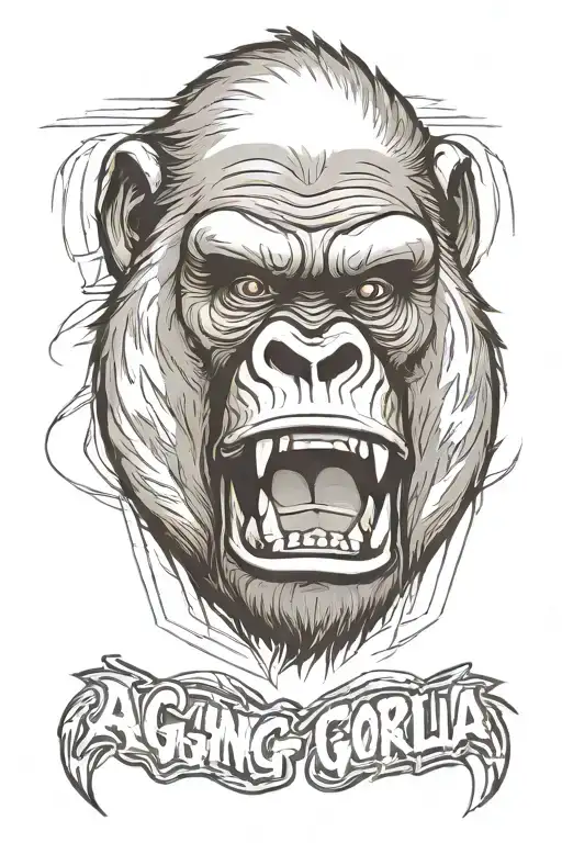 Portrait of raging gorilla with mouth fully open. Gaizing angry. Thin lines. Black and grey. tattoo design idea