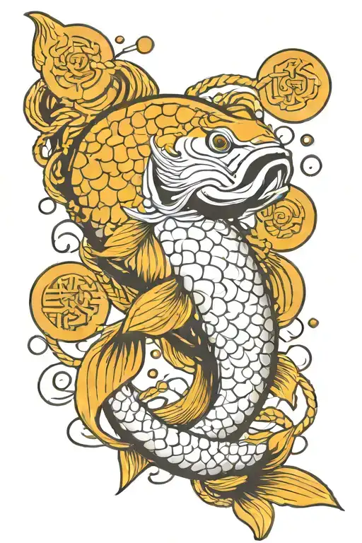 Tattoo sketch in Japanese style, a carp holding a rope with gold coins in its mouth tattoo design idea
