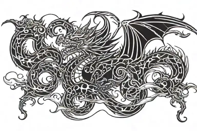 A dragon with skulls floating in clouds top right tattoo design idea