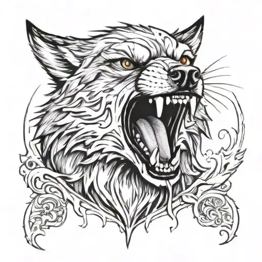 create a tattoo of a demonic wolf with its tongue out showing great anger tattoo design idea