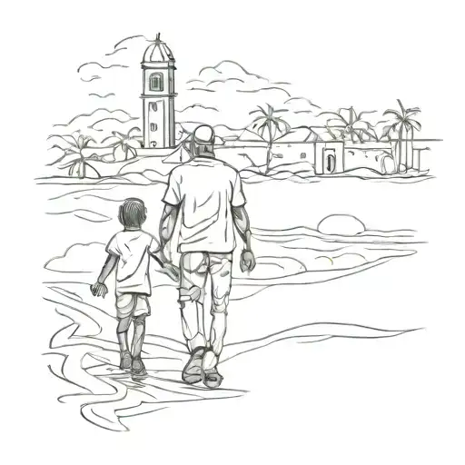 A silhouette of a father and child holding hands, with a background of iconic Dominican Republic landmarks tattoo design idea