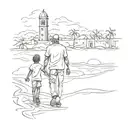 A silhouette of a father and child holding hands, with a background of iconic Dominican Republic landmarks tattoo design idea
