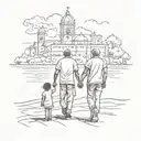 A silhouette of a father and child holding hands, with a background of iconic Dominican Republic landmarks tattoo design idea