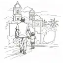 A silhouette of a father and child holding hands, with a background of iconic Dominican Republic landmarks tattoo design idea