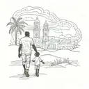 A silhouette of a father and child holding hands, with a background of iconic Dominican Republic landmarks tattoo design idea