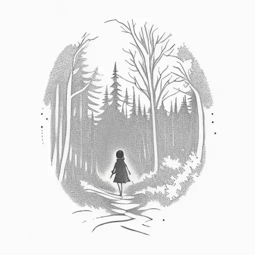 sunlight shining through a narrow dense forest. silhouette of a small girl walking into the forest. wild narrow in the f tattoo design idea