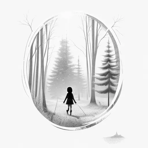 sunlight shining through a narrow rows trees. silhouette of a small girl walking into the forest. wild narrow in the f tattoo design idea