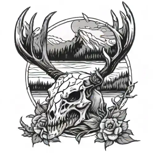 buck skull lake scene inside tattoo design idea
