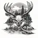 buck skull lake scene inside tattoo design idea