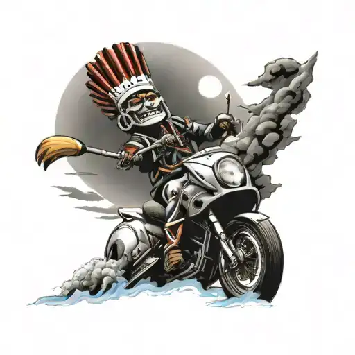 chief wahoo riding a hayabusa towards the sunset sky tattoo design idea