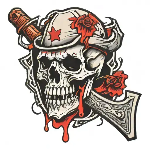 Hatchet in skull with blood dripping tattoo design idea