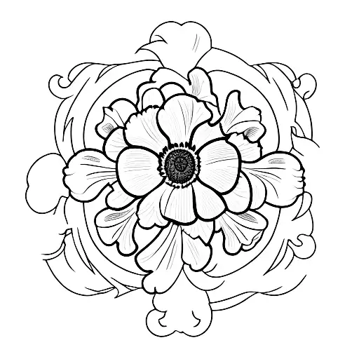 the outside of a house window with a single carnation flower, holly flower, iris flower, and daisy flower. Drawn in a si tattoo design idea