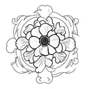the outside of a house window with a single carnation flower, holly flower, iris flower, and daisy flower. Drawn in a si tattoo design idea