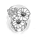 the outside of a house window with a single carnation flower, holly flower, iris flower, and daisy flower. Drawn in a si tattoo design idea
