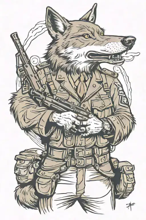 Wolf in WWII US army uniform smoking a cigar holding a machine gun tattoo design idea