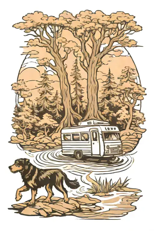 A sketch style tattoo of a caravan traveling through a mystical forest, with a river flowing next to it and two rottweilers running alongside tattoo design idea