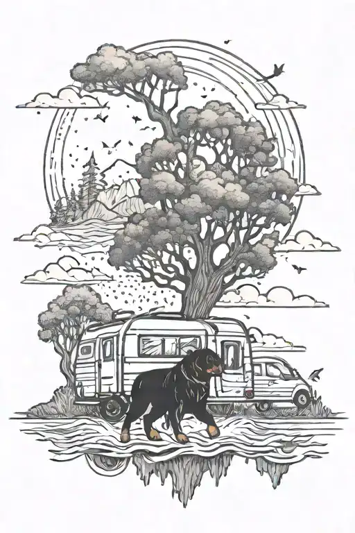 A sketch style tattoo of a caravan traveling through a mystical forest, with a river flowing next to it and two rottweilers running alongside tattoo design idea