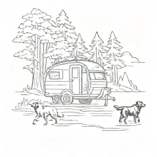 A sketch style tattoo of a caravan traveling through a mystical forest, with a river flowing next to it and two rottweilers running alongside tattoo design idea