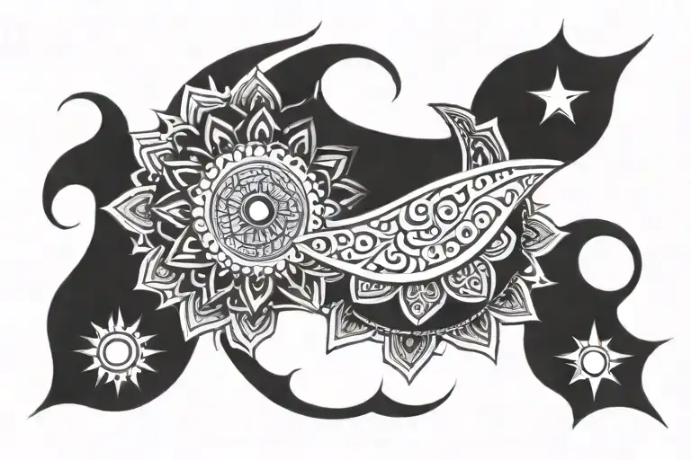 sun mandala pattern going up to the moon and stars  tattoo design idea