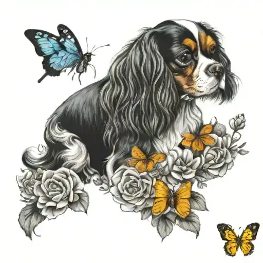 cavalier king charles spaniel playing in flowers with butterfly tattoo design idea