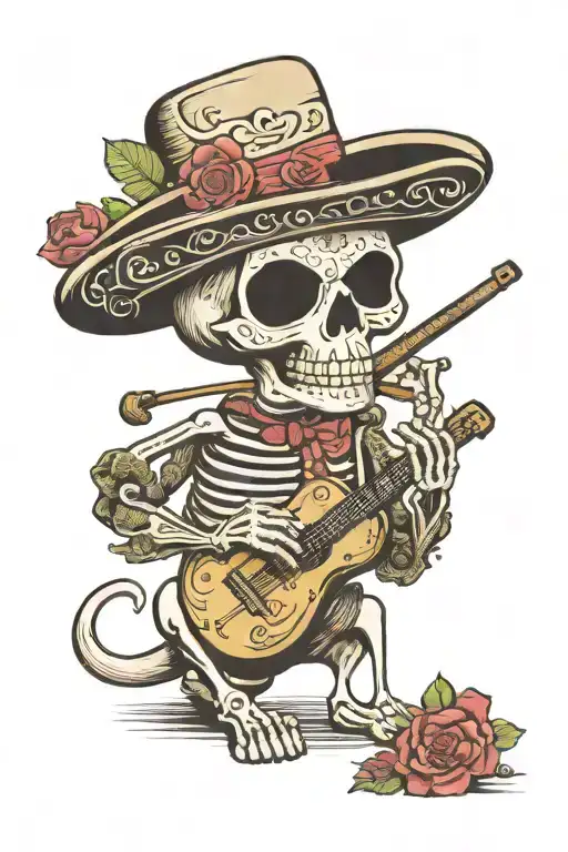 mexican el mariachi skeleton with rattle and skeleton dog tattoo design idea