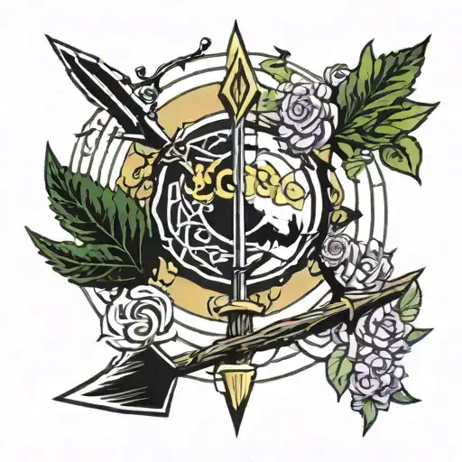 requiem arrow from jojo bizarre adventure connected with tree and branches making sun  tattoo design idea