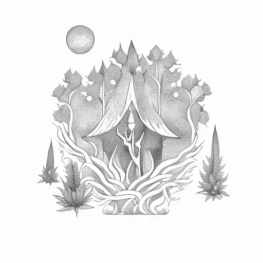 A weed-themed magical forest with witches brewing potions in blackwork style tattoo design idea