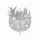 A weed-themed magical forest with witches brewing potions in blackwork style tattoo design idea