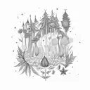 A weed-themed magical forest with witches brewing potions in blackwork style tattoo design idea