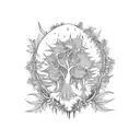 A weed-themed magical forest with witches brewing potions in blackwork style tattoo design idea